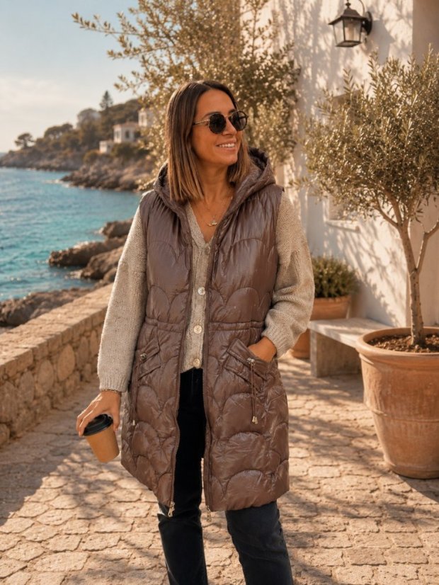 Dlouhá vesta na zip / BROWN / M Dlouhá vesta na zip / BROWN / M