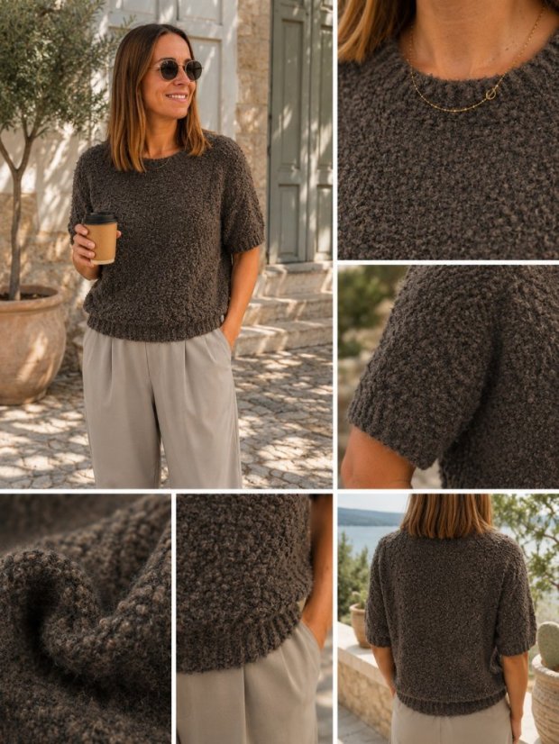 Svetr bouclé s krátkým rukávem / Brown Svetr bouclé s krátkým rukávem / Brown