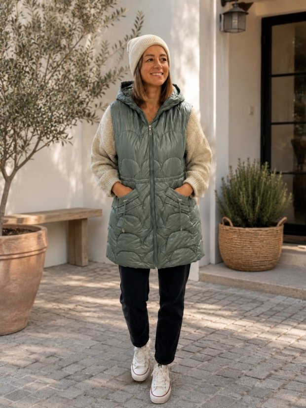Dlouhá vesta na zip / KHAKI / M